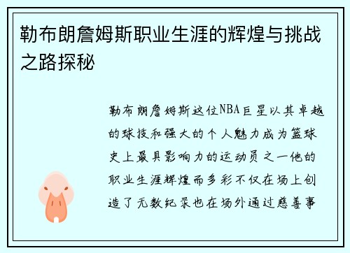 勒布朗詹姆斯职业生涯的辉煌与挑战之路探秘